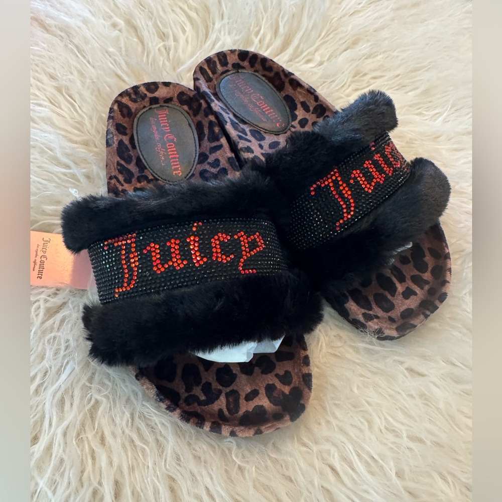 NIB Juicy Couture Women's Leopard Faux Fur Embellished Slides - Picture 4 of 6